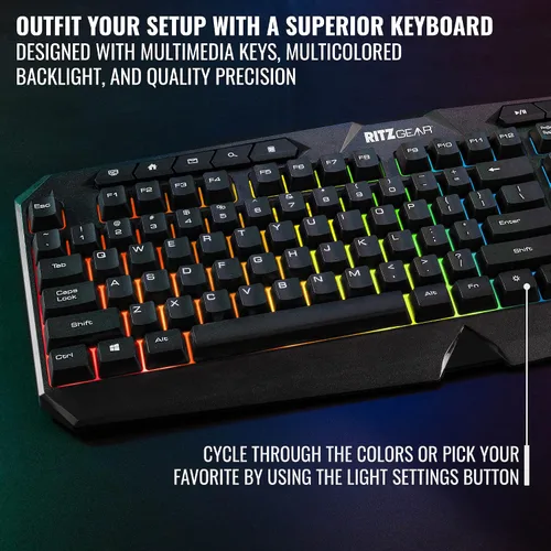 Vista 5 de Ritz Gear Kit de accesorios para juegos RGB Paquete de retroiluminación LED arcoíris 4 en 1 Combo de PC con teclado multimedia, mouse óptico