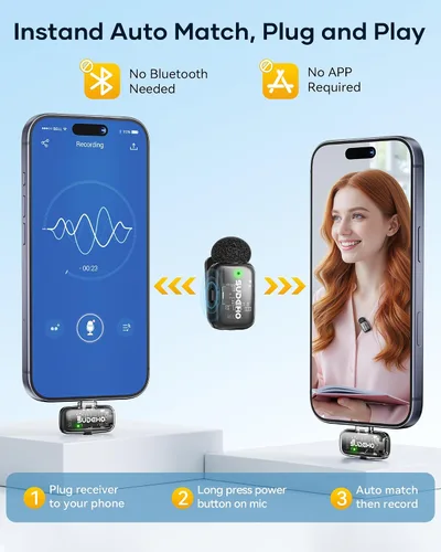 Vista 2 de Mini micrófonos inalámbricos Lavalier para iPhone iPad Android con funda de carga, micrófono de solapa USB C con reducción de ruido y modo cambiador