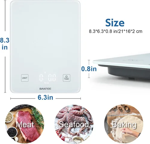 Vista 6 de Báscula de cocina impermeable IP67 con superficie de vidrio, báscula de alimentos de 10 kg, precisión de 1 g/0.1 oz, recargable por USB, pantalla