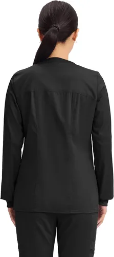 Vista 5 de Cherokee Chaqueta médica con cremallera frontal para mujer, 3 bolsillos, elástica en 2 direcciones, suave, transpirable, sarga cepillada, 4315