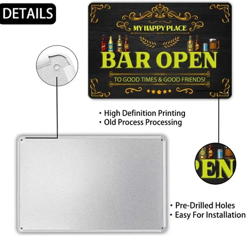 Vista 2 de Letrero de metal vintage con texto en inglés «My Happy Place Bar Open To Good Times & Good Friends», letreros divertidos de cerveza para el hogar