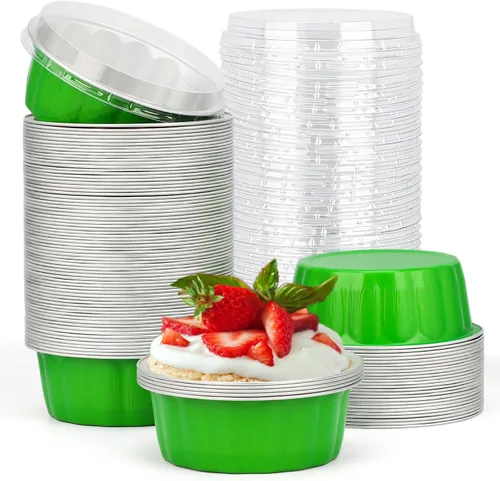 Vista 100 de Beasea Disposable Ramekins with Lids, 50 Pack 8oz 235ml Aluminum Foil Baking Cups with Lids, Aluminum Creme Brulee Ramekins Muffin Cupcake Pudding
