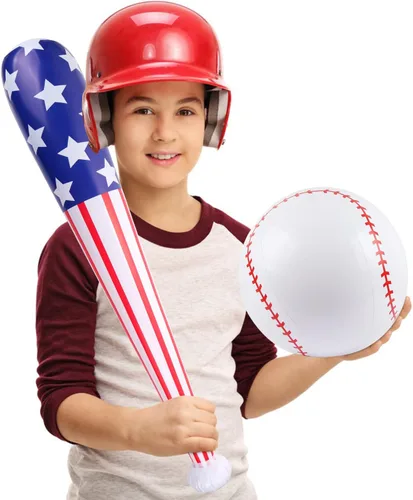 Vista 4 de EVERMARKET 2 unidades de bate inflable de béisbol y béisbol con bandera estadounidense, pelota de playa, regalos de fiesta temática deportiva