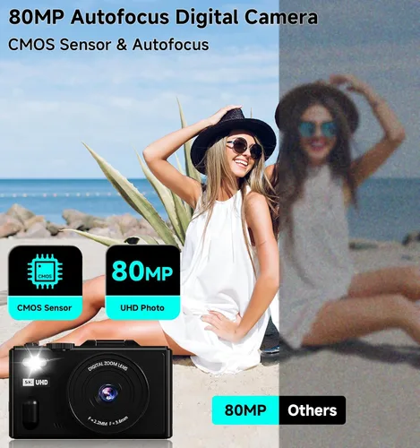 Vista 3 de Cámara digital, cámara de viaje UHD 5K de 80MP, cámaras compactas con zoom 18X, cámara de vlogging para YouTube con pantalla abatible de 3" 180°