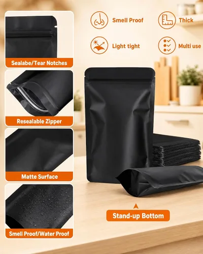 Vista 3 de Paquete de 100 bolsas resellables de pie, a prueba de olores, bolsas de papel de aluminio sellables para embalaje (negro, 3.5 x 5.1 pulgadas)