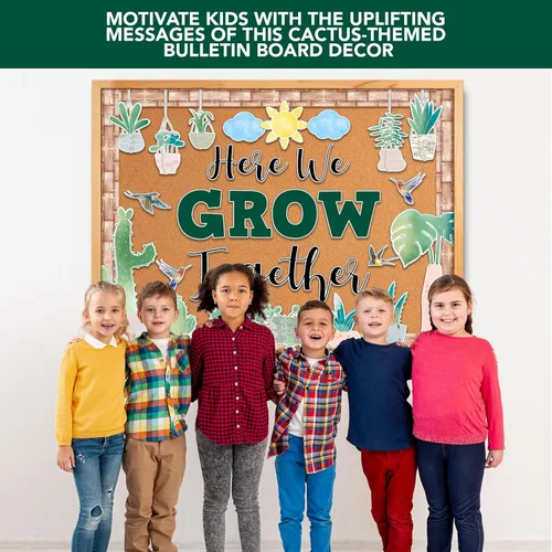 Vista 5 de Decorably 53 piezas de recortes inspiradores de cactus con bordes – Cartulina laminada brillante We Grow Together Decoración de aula para pasillos