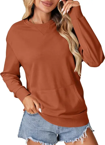 Vista 19 de OPOIPIN Suéter con bolsillo de manga larga y cuello redondo para mujer, estilo casual