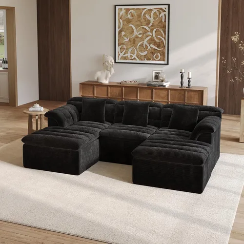 Vista 9 de Sofá modular de 111.8 pulgadas con otomana, sofá de nube sin hueso con asiento profundo, cómodos sofás de pana en forma de U para sala de estar,