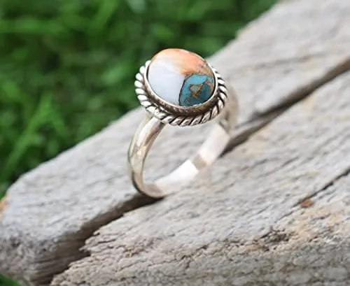 Vista 6 de Anillo de plata de compromiso con piedras preciosas de cobre turquesa y forma ovalada, anillo de plata de compromiso, joyería de nacimiento
