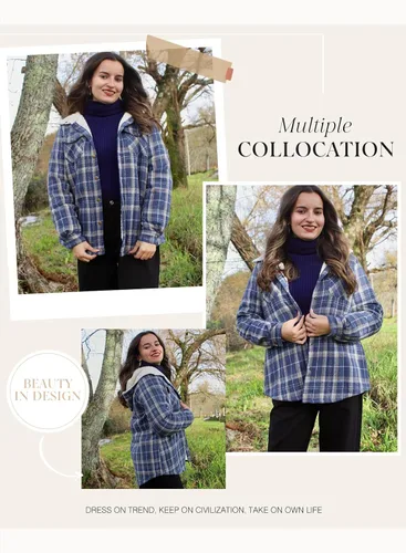 Vista 4 de Dokotoo - Chaqueta para mujer, manga larga, con botones y capucha, de vellón, cálida, a cuadros