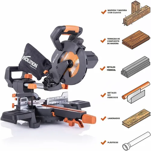 Vista 3 de Sierra de inglete deslizante Evolution Power Tools R185SMS+ con corte multimaterial, bisel de 45 grados, inglete de 50 grados, deslizamiento de 210
