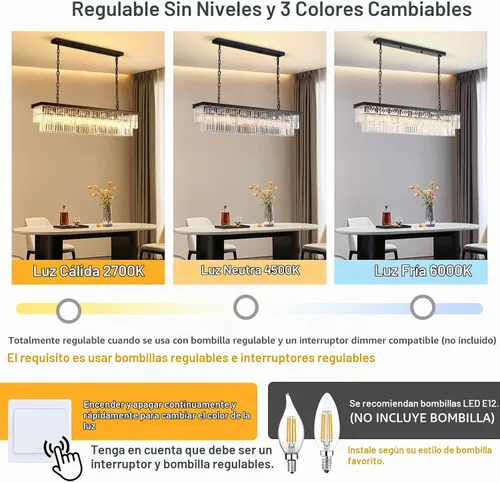 Vista 3 de NOXARTE Candelabros Rectangulares para Comedor, Candelabro de Cristal Rectangular Moderno Negro de 8 Luces, Accesorio Colgante para Isla de Cocina