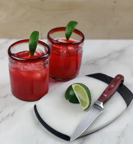 Vista 4 de Dos Sueños Vasos mexicanos soplados a mano, juego de 6 vasos con bordes rojos (10 onzas cada uno)