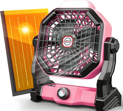 Vista 9 de Ventilador recargable con energía solar, (30 horas de funcionamiento) ventiladores de camping solares y linterna LED, ventilador portátil de 8