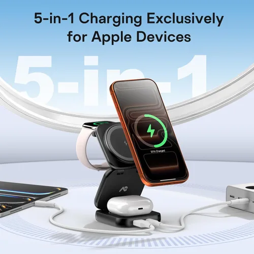 Vista 2 de Cargador inalámbrico 5 en 1 para MagSafe, estación de carga de viaje portátil AC ISLAND de 35 W, soporte magnético plegable rápido Qi2 de 35 W