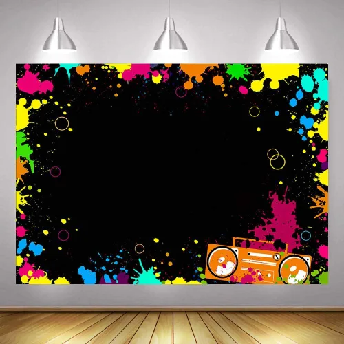 Vista 6 de Fondos de fotografía de neón brillantes para fiestas Let's Glow Splatter Fondo fotográfico de 5 x 3 pies, luz negra, colorido, rayo láser, disco