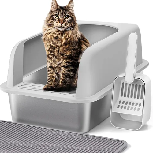 Vista 13 de Henkelion Caja de arena para gatos de acero inoxidable con tapa, caja de arena extra grande para gatos grandes con lados altos, antiadherente