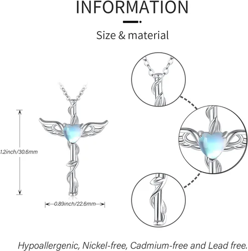 Vista 4 de Angel Necklace 925 Sterling Silver OpalMoonstoneBlue Crystal Angel Wings Cross Urn Pendant Necklace Hypoallergenic Moonstone Angel Cross Pendant