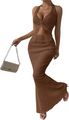 Vista 12 de SOLY HUX - Conjunto de dos piezas de verano para mujer, con parte superior tipo camisola con cuello halter, nudo frontal y falda marrón (Plain Brown)
