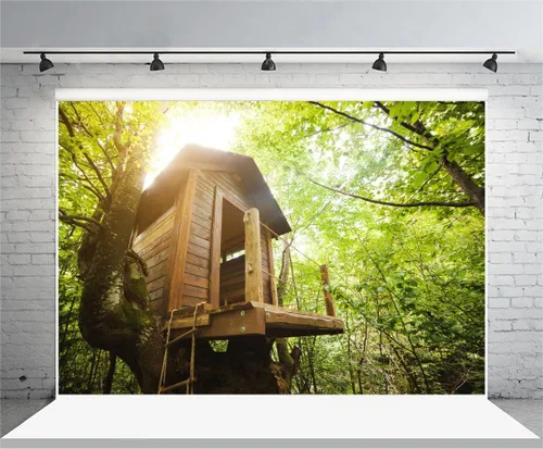 Vista 4 de Laeacco Fondo de vinilo de 7 x 5 pies, fondo de fotografía, casa de árbol de madera, tronco enorme, bosque tropical, verano, primavera, hojas