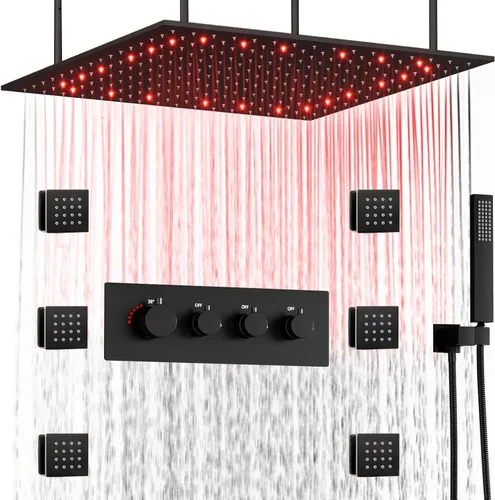 Vista 21 de Cabezal de ducha de lluvia de techo LED redondo de oro cepillado de 10 pulgadas, DULABRAHE termostático para baño, sistema de ducha de lluvia de Oro
