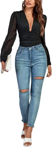 Vista 6 de LYANER Body de manga larga con cuello en V profundo plisado y fruncido para mujer