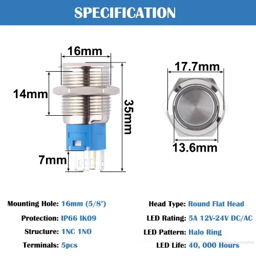 Vista 3 de 5pcs 0.630 in Metal Impermeable Anti-Vandalismo Momentario Interruptor de Botón Botón Auto-Reset Silver Shell 5/8" Orificio de montaje, 12V-24V ON