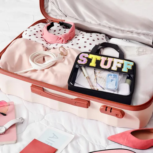 Vista 6 de Bolsa de Maquillaje Transparente con Letras de Chenilla, Bolsa de Cosméticos Preppy Transparente, Bolsas de Snacks Transparentes con Cremallera