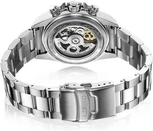 Vista 4 de LOREO Reloj automático para hombre, de acero inoxidable plateado, bisel de cerámica, fecha militar, buceo, impermeable, para hombre