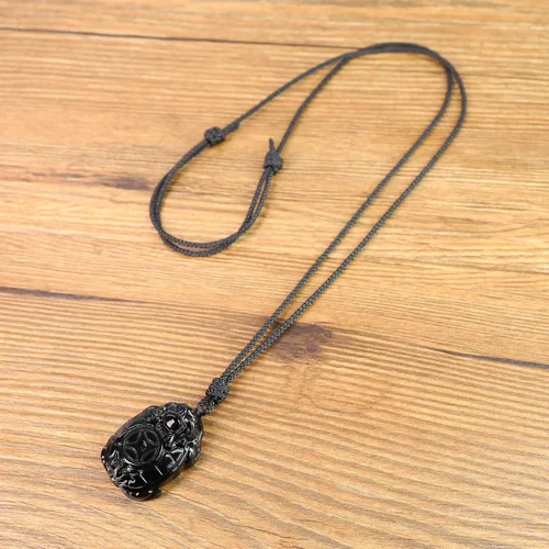 Vista 6 de COAI Collar con colgante de tortuga de amuleto de piedra de obsidiana dorada