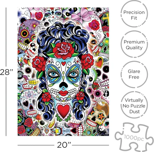 Vista 2 de AQUARIUS Sugar Skulls - Rompecabezas de 1000 piezas, sin deslumbramiento, ajuste de precisión, mercancía y coleccionables de Sugar Skulls