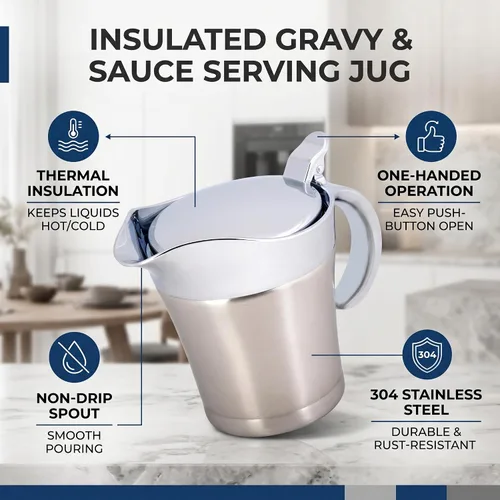 Vista 3 de Salsa de doble pared con aislamiento térmico de acero inoxidable 304 Salsa de barco Serveware para bebidas Olla de cocina Jarra para servir