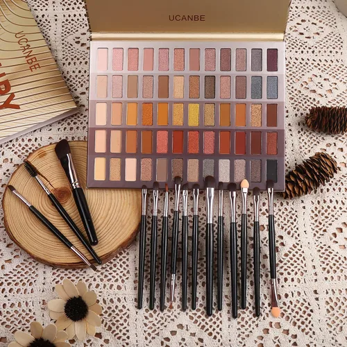 Vista 2 de UCANBE Paleta de sombra de ojos desnudos de 60 colores + juego de brochas de maquillaje, todo en uno, paleta de maquillaje ahumado neutro