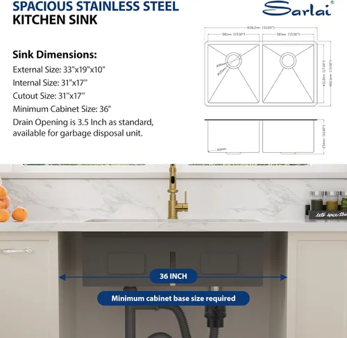 Vista 7 de Sarlai Fregadero de Cocina Dorado Bajo Encimera de 33 Pulgadas Doble Tazón 33 x 19 Pulgadas Bajo Dividido Dorado Estación de Trabajo Fregadero Doble
