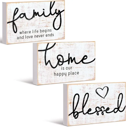 Vista 7 de Jetec 3 piezas de letrero de hogar familiar bendecido en madera rústica, letrero decorativo mini en forma de corazón, decoración en madera