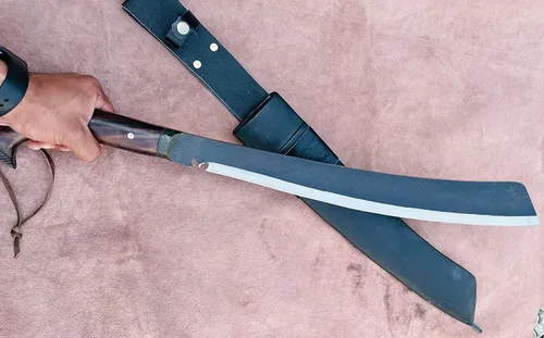 Vista 5 de EGKH-20 pulgadas golok Parang Machete Cuchillo hecho a mano, hoja de machete, aceite de equilibrio de resorte, multifunción, trabajo real, hecho a