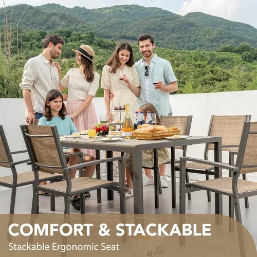 Vista 6 de Devoko Juego de comedor para patio, 7 piezas, muebles de exterior con mesa rectangular y 6 sillas apilables, juego de conversación familiar