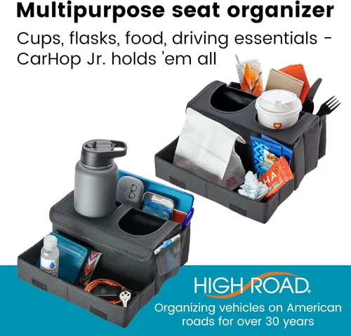 Vista 2 de High Road CarHop Jr - Organizador de coche con portavasos y bandeja de almacenamiento o comida para el coche, organizador de asiento delantero