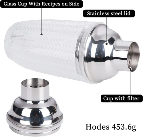 Vista 3 de JNWINOG Coctelera, coctelera mixta de 14.37 onzas con taza de vidrio, herramienta profesional de barra con vidrio de escala (hexagonal)