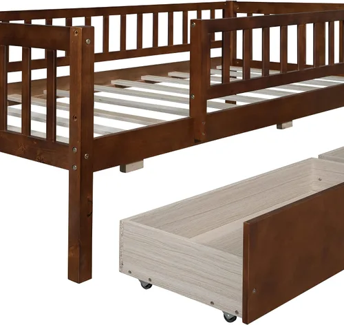 Vista 9 de Harper & Bright Designs Sofá cama de tamaño individual con dos cajones, marco de cama de madera con plataforma individual para niños con Nogal
