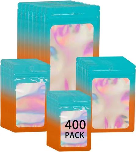 Vista 7 de Paquete de 400 bolsas holográficas de Mylar resellables de 4 tamaños, bolsas para almacenamiento de alimentos, a prueba de olores, con ventana