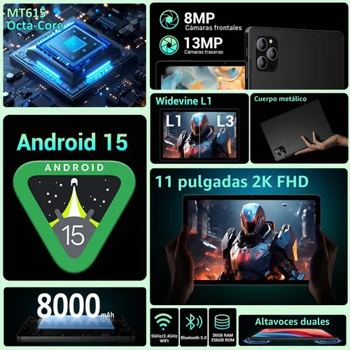 Vista 3 de Tableta, tabletas de 11 pulgadas, tableta Android 15 con teclado y ratón, T615 Octa-Core, 36 GB de RAM +256 GB ROM, Gemini AI, 8000 mAh, Widevine