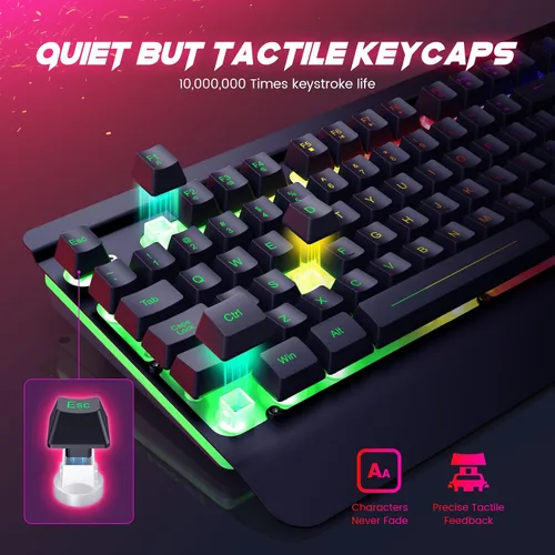 Vista 5 de Combo de teclado y mouse para juegos con cable, panel de metal de 104 teclas, teclado de computadora arcoíris con teclas multimedia, reposamuñecas