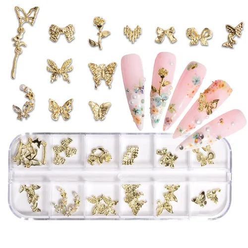 Vista 2 de Nail Art Studs 3D Nail Charms Sparkle Butterfly Nail Charms Gold Studs Rhinstones Pearl Mix Shape Butterfly Flower 3D Nail Jewelry Studs Decor Kit