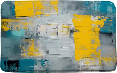 Vista 4 de Tapete de baño azul, gris y naranja, azul quemado, naranja y gris, pintura abstracta de pinceladas, arte moderno, decoración de baño, tapete