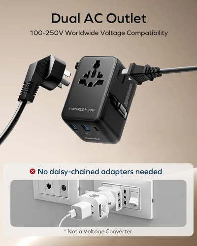 Vista 4 de MOMAX Adaptador de viaje universal de 70 W, adaptador de corriente internacional 6 en 1 con cable retráctil USB-C, adaptador de enchufe de CA dual