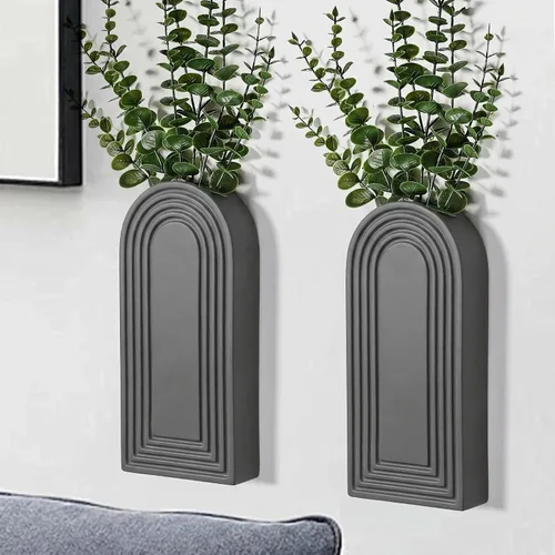 Vista 12 de Dnnnii Juego de 2 jarrones de pared de madera, acabado negro, decoración de pared moderna de granja y bohemio para entrada, pasillo, baño, sala