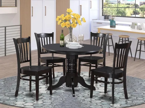 Vista 7 de East West Furniture SHGR5-BLK-W - Juego de comedor de 5 piezas para 4 personas, incluye una mesa de cocina redonda con pedestal y 4 sillas de Negro