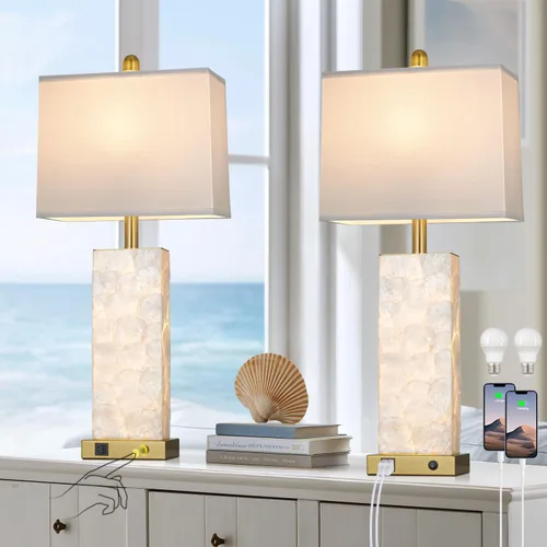 Vista 11 de Lámparas de mesa costeras de 28 pulgadas para sala de estar, lámparas de noche con luz nocturna, puertos USB A+C, moderna concha de mar