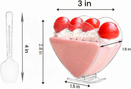 Vista 2 de Coloch Paquete de 100 mini tazas de postre en forma de corazón con cuchara para postre de 4 onzas/2.7 onzas líquidas, taza de aperitivo de plástico